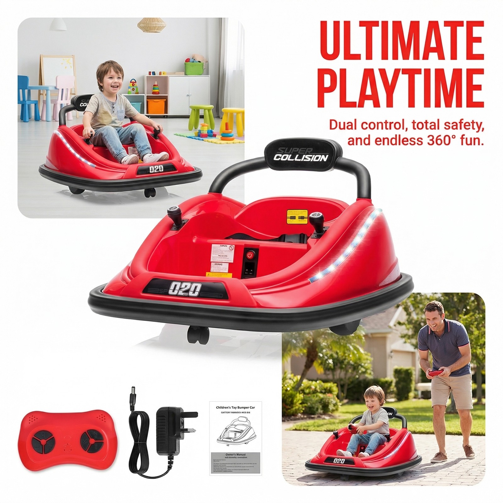 Super Collision 360° Rotating Bumper Car 12V Electric Ride-On Toy Car W/ Remote