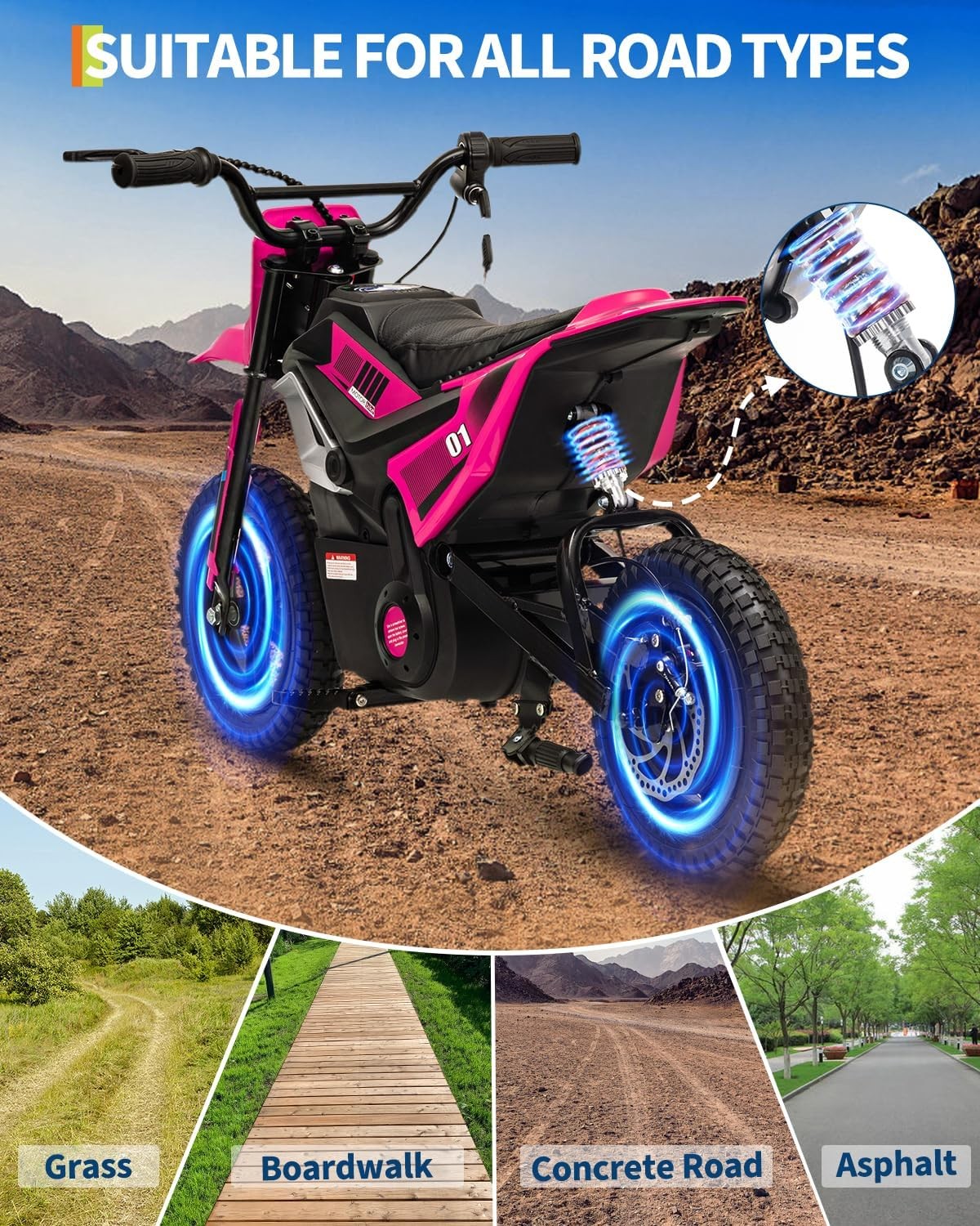 24V 350W Kids Electric Dirt Bike, 13.67 MPH, 12-Mile Range with Rear Suspension