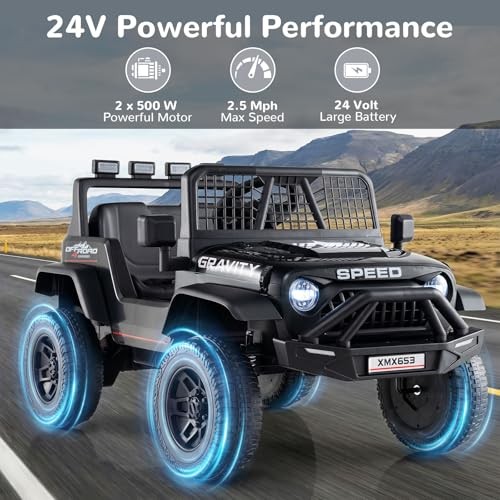 Black 24V Ride-On Car with Bluetooth, LED Lights, Horn, Spring Black