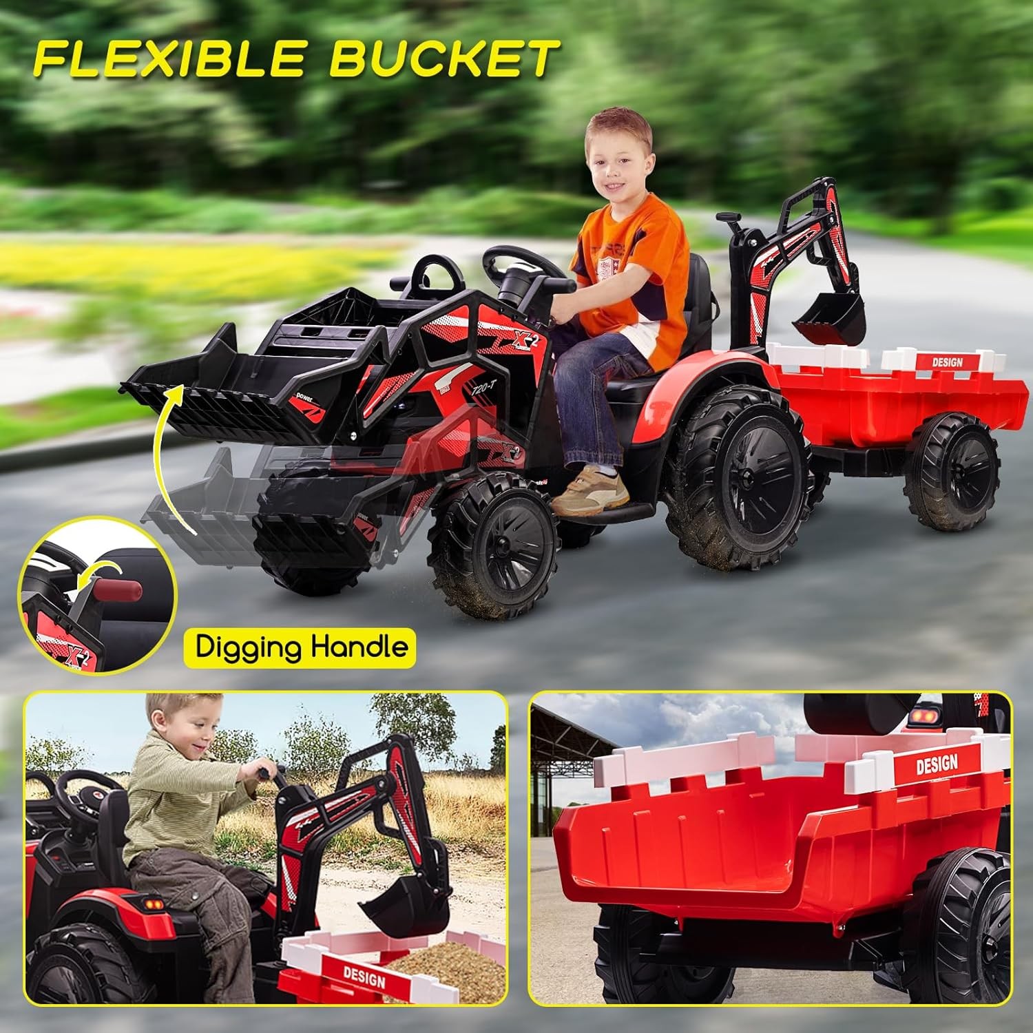 3 in 1 Kid 24V Ride On Tractor Electric Vehicle w/ Trailer Digger Remote Control