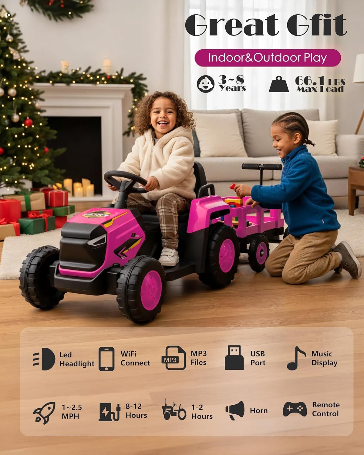 Toddlers Ride on Tractor with Garden Cart,12V Electric Kids Vehicle with Trailer