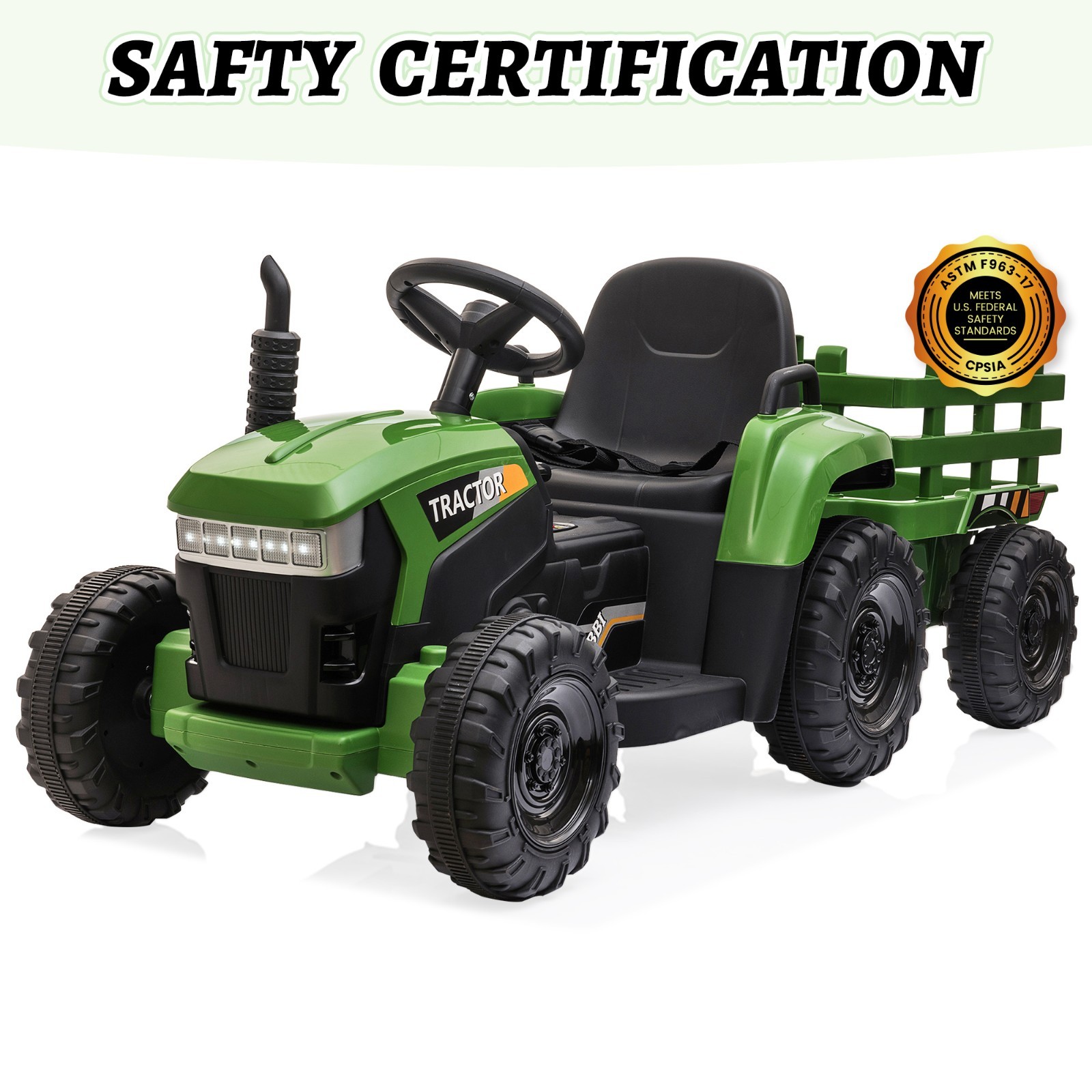 TOBBI 12V Kids Ride on Tractor Electric Vehicle W/ One Detachable Trailer,Lights