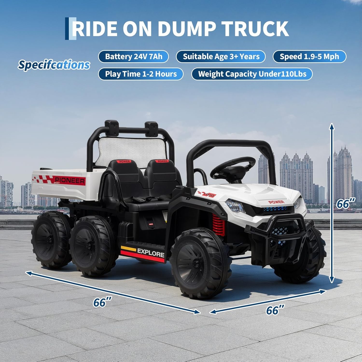 24V 4WD Kids Ride-on Dump Truck Remote Control 2-Seater with Dump Bed 3 Speed