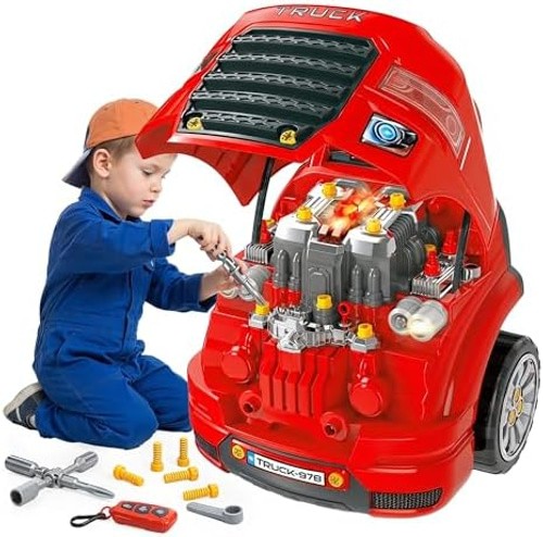 Qaba Truck Engine Toy, Kids Mechanic Set with Lights, Sounds, Steering Wheel …