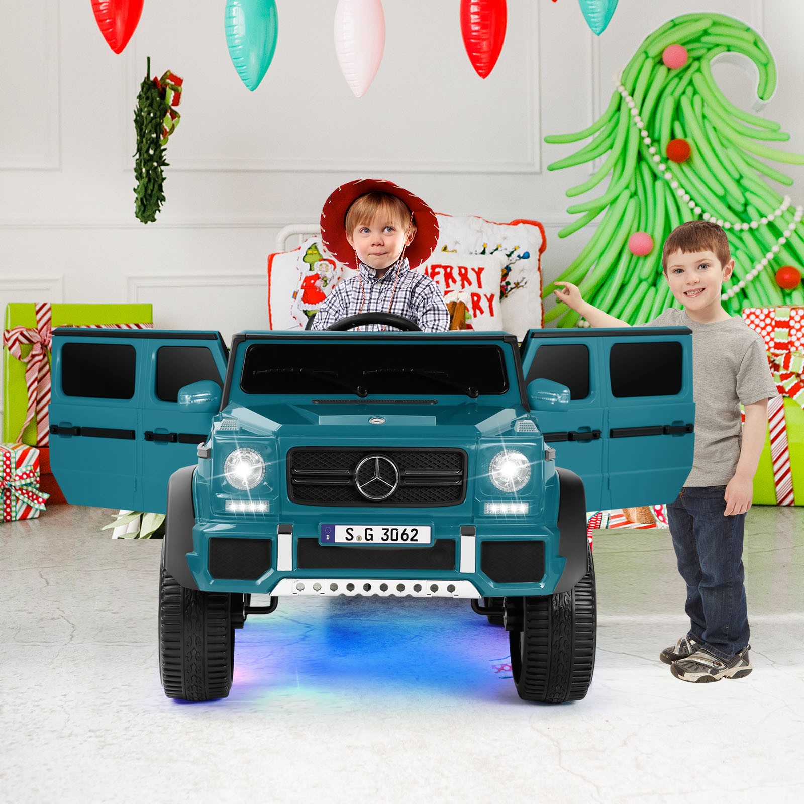 Mercedes-Benz 12V Electric Kids Blue Ride On Car with LED Lights, Music, RC