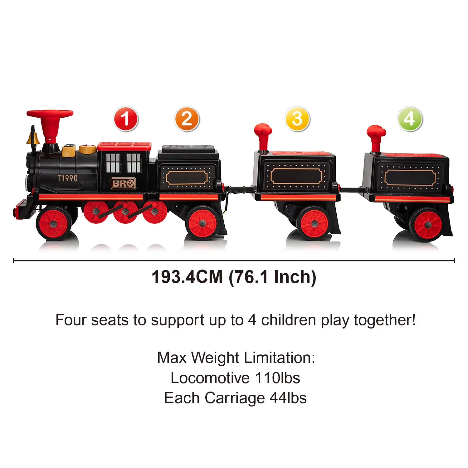 12V Kids Train Ride-On 4 Seats 4 Motors MP3 Player Whistle Headlight Carriages