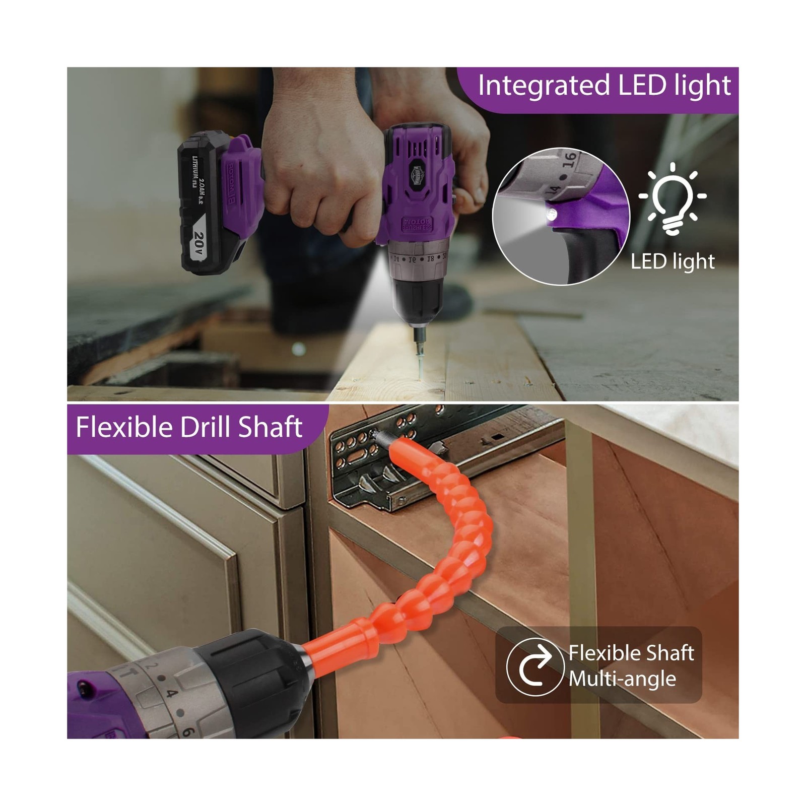 Brushless Cordless Drill Set, 20V Compact Power Driver, Purple Electric Motor…