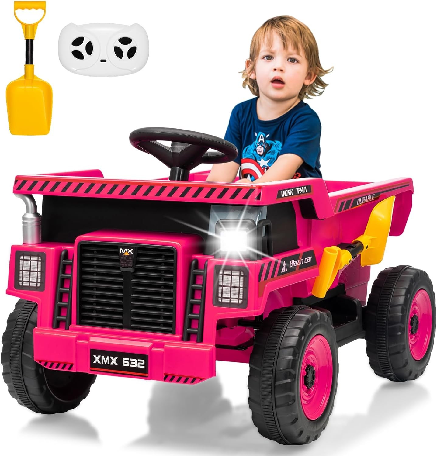 12V Ride On Dump Truck w/ Remote, Auto-Dump Bed, Shovel & Music for Kids 3-8