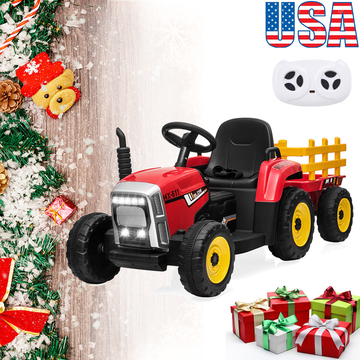Battery-Powered 12V Kids Electric Ride on Car Tractor w/Trailer & Remote Control