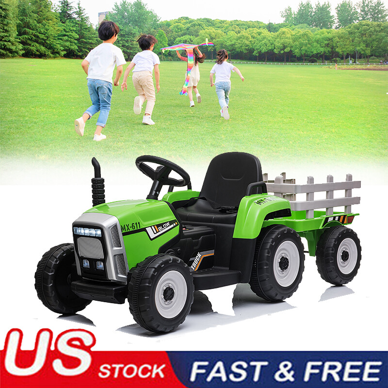 12V Kids Ride On Tractor Car Battery Powered Truck Car Toy w/ Trailer LED Lights