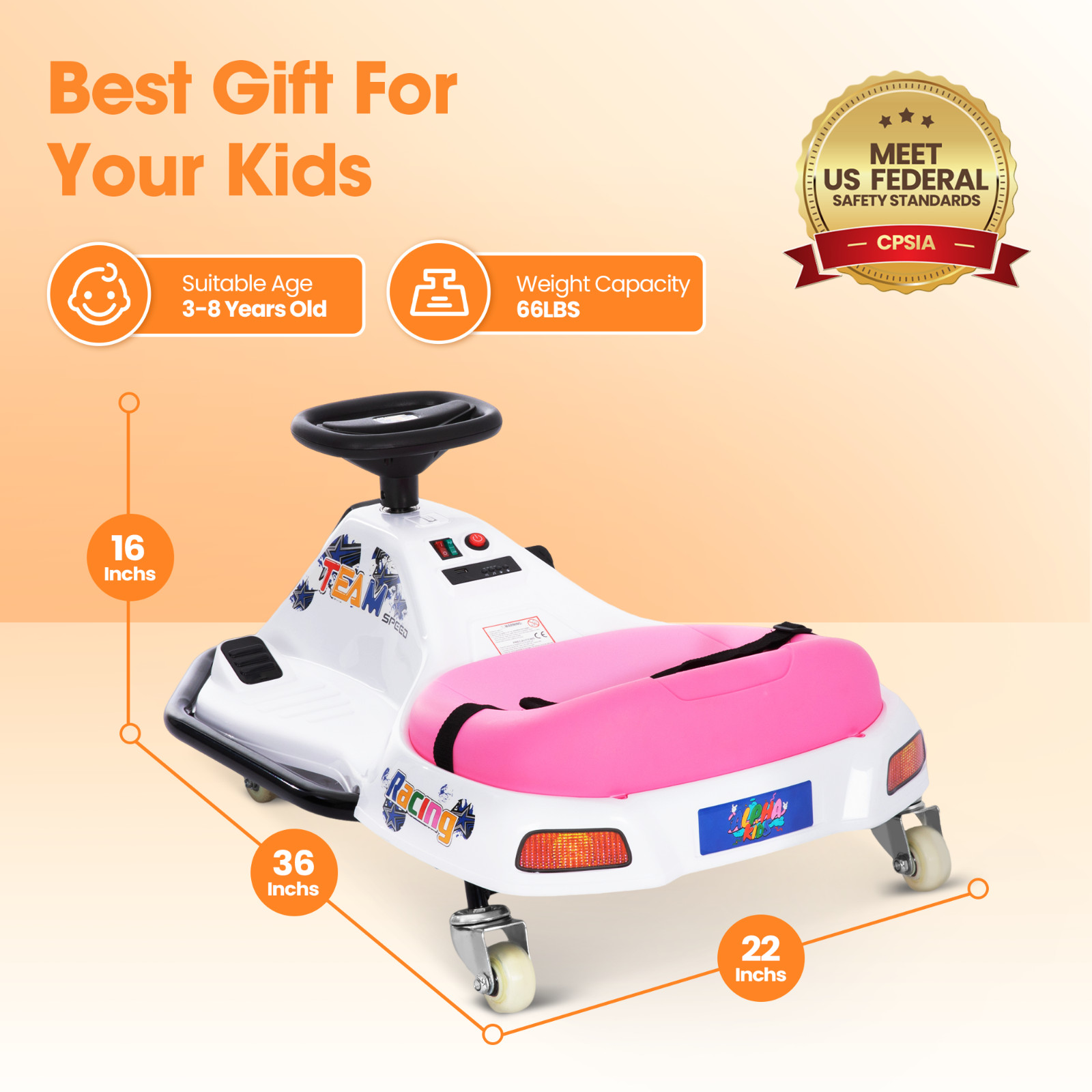 Electric Drifting Go Kart Bumper Car for Kids Ages 3+ High/Low Speed Switch 24V