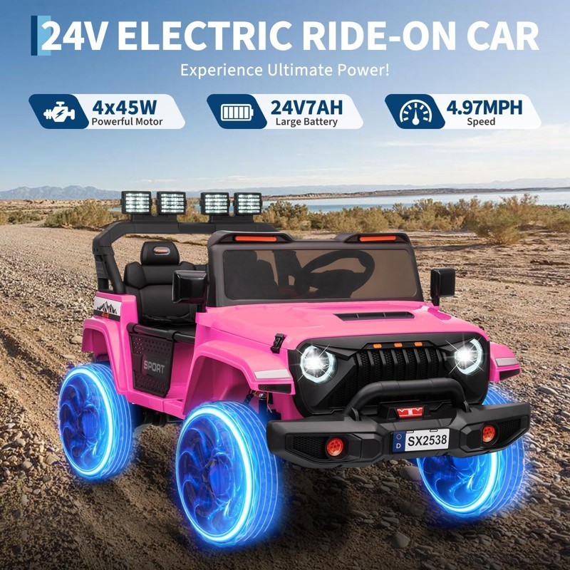 Garve 24V Electric Ride On Car for Kids, 4WD 20.5in 2-Seater – Pink
