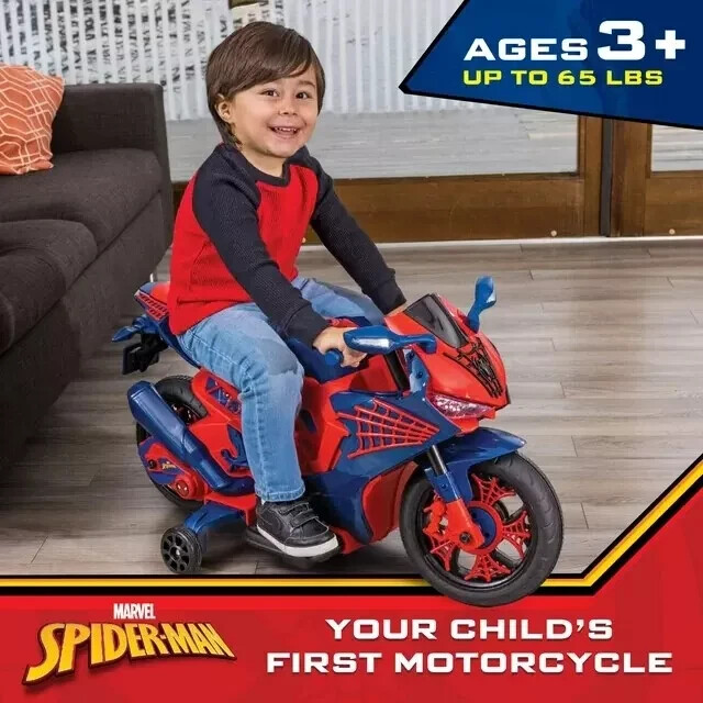Kids Spider-Man 6V Battery-Powered Motorcycle w/ Working Headlights, Ages 3+