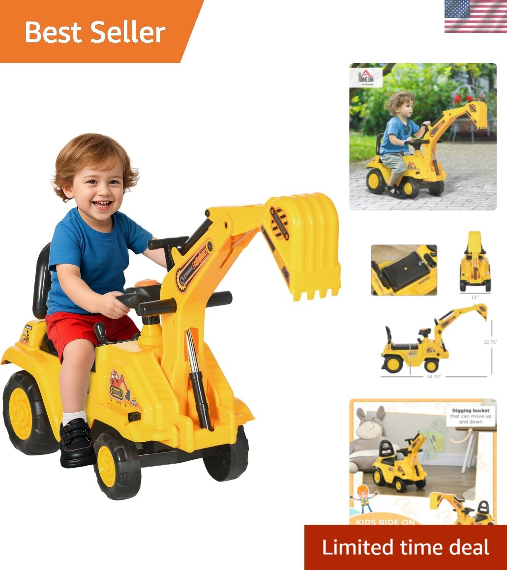 Imaginative Play Excavator Ride On Toy with Front Loader & Storage for Toddlers