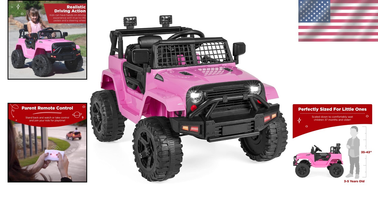 Powerful Pink 12V Kids Ride-On Truck with LED Lights & Parental Control Remote