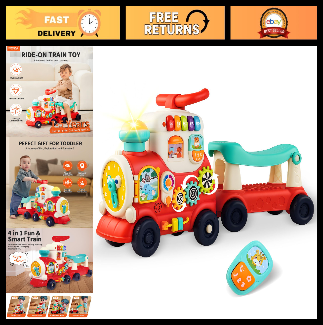 4-in-1 Ride-On Toy for Toddlers 1-3, Push Pull Sit & Stand Walker, Outdoor Indoo