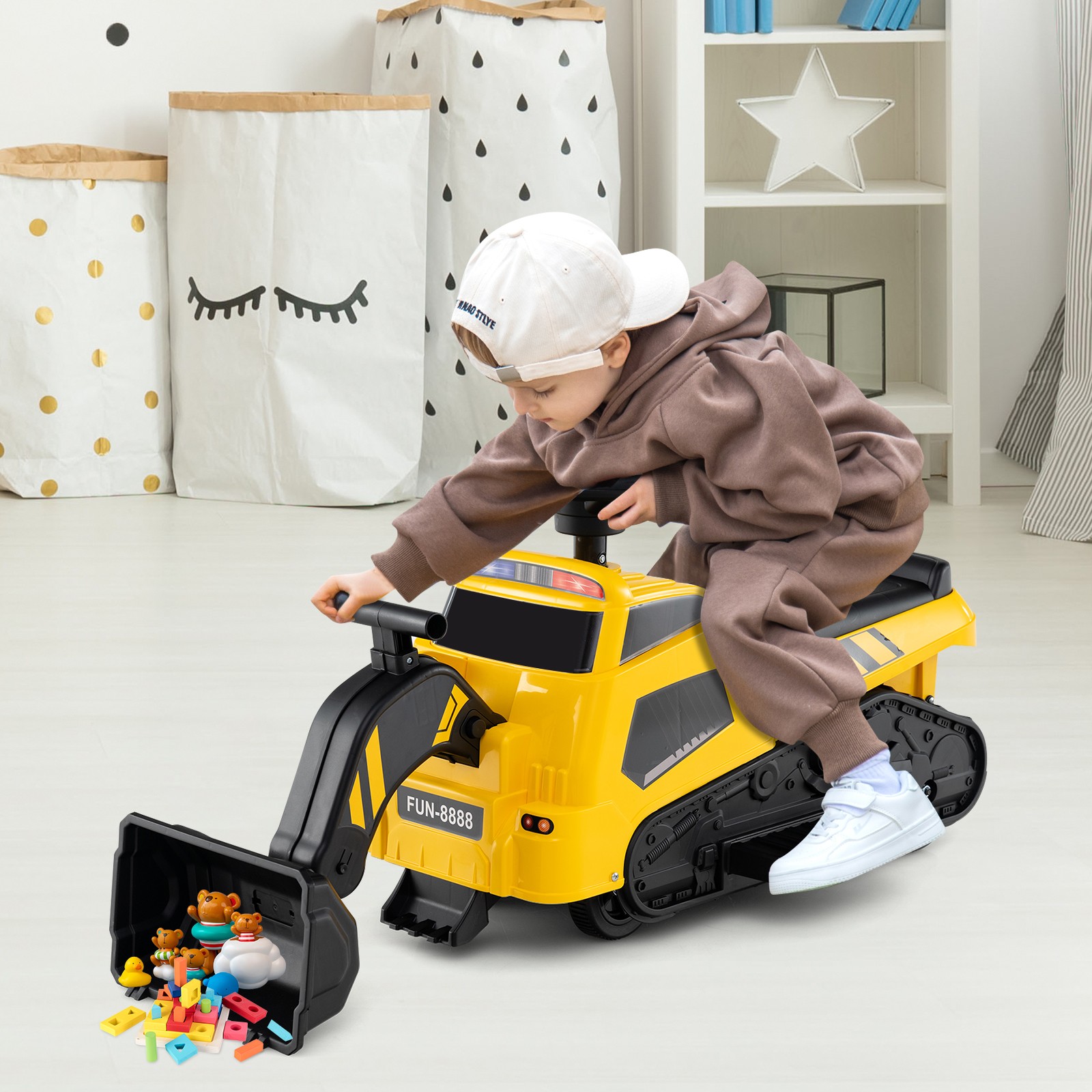 6V Ride on Tractor 3-in-1 Electric Excavator w/ Adjustable Arms Music Yellow Toy