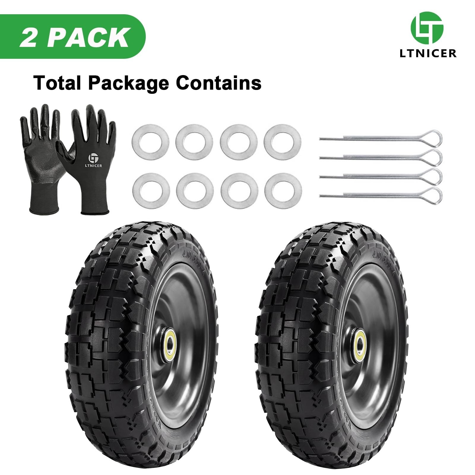 10″ Flat Free Replacement Wheels for Gorilla Carts (2-Pack), 4.10/3.50-4 Soli…