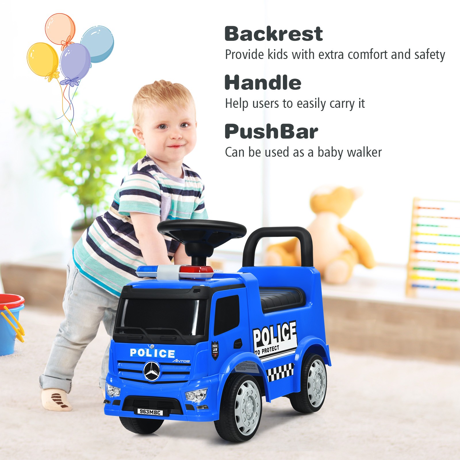 Honeyjoy Kids Ride On Push Police Car Licensed Mercedes Benz Push and Ride Racer