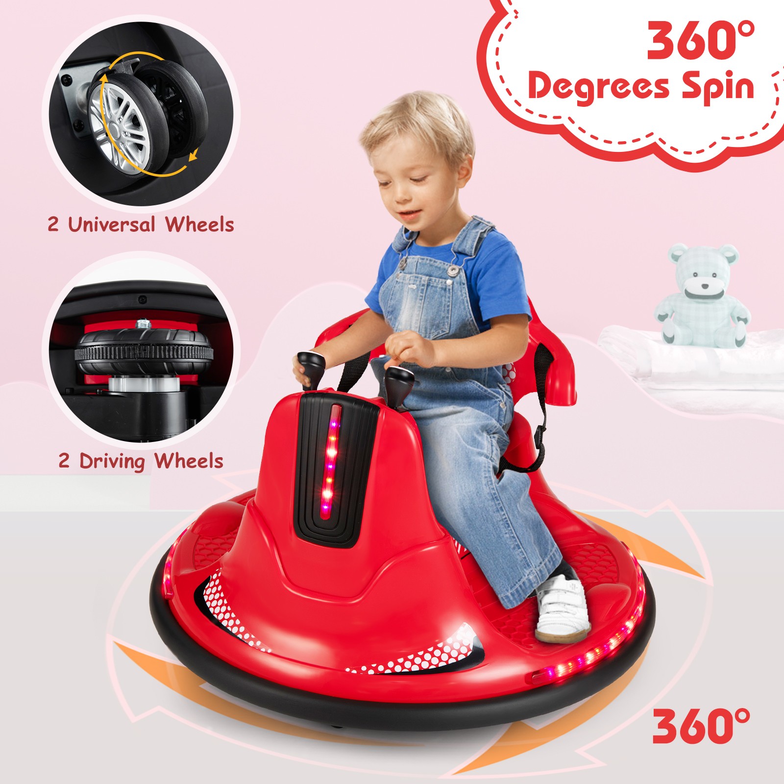 Kids Ride On Bumper Car 12V Battery Powered Car with Remote Control & LED Lights