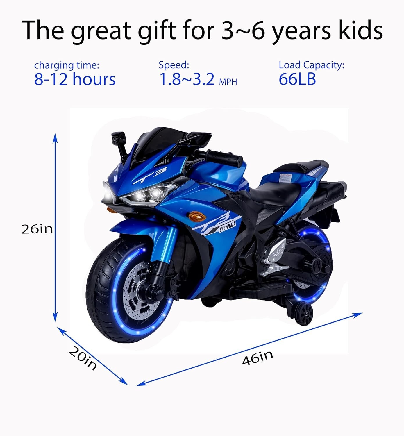 Kids Electric Motorcycle with Trainning Wheels for 3-8 Years Boys Girls,Blue