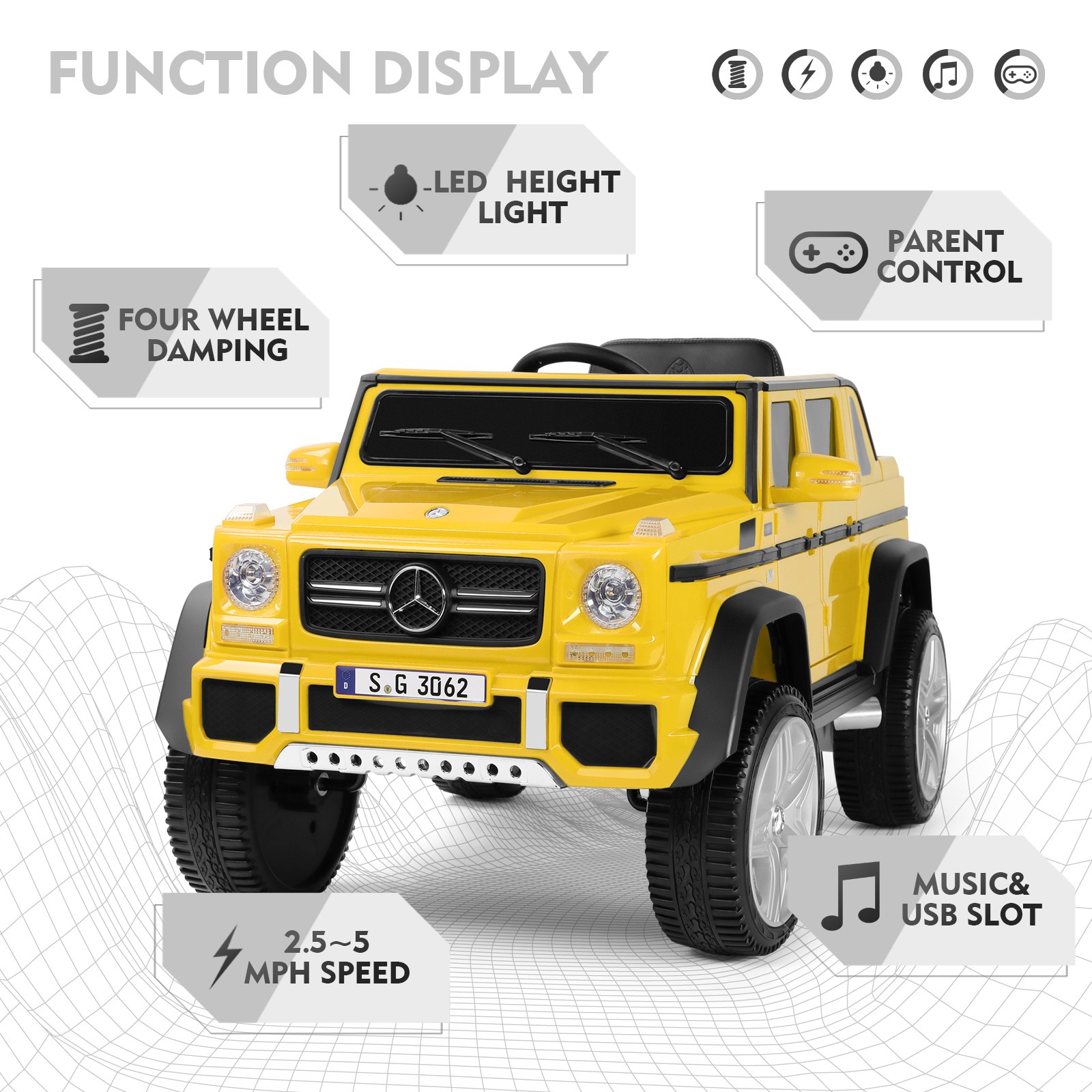 New 12V Battery Kids Yellow Ride On Mercedes-Benz Car w/3 Speed,LED,Music,Remote