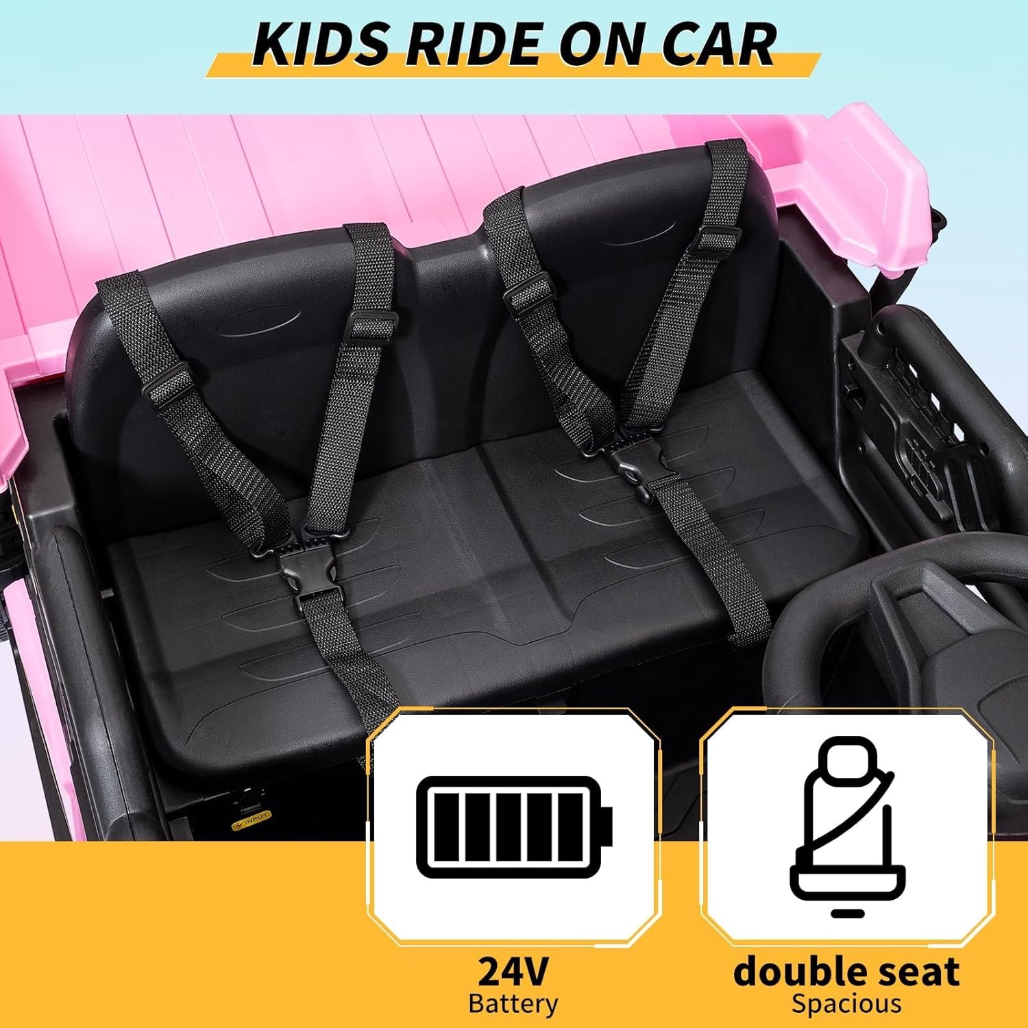 24V Kids Dump Truck, 4.4MPH 4WD + Remote Shock Absorption & LED Lights, 2 Seater