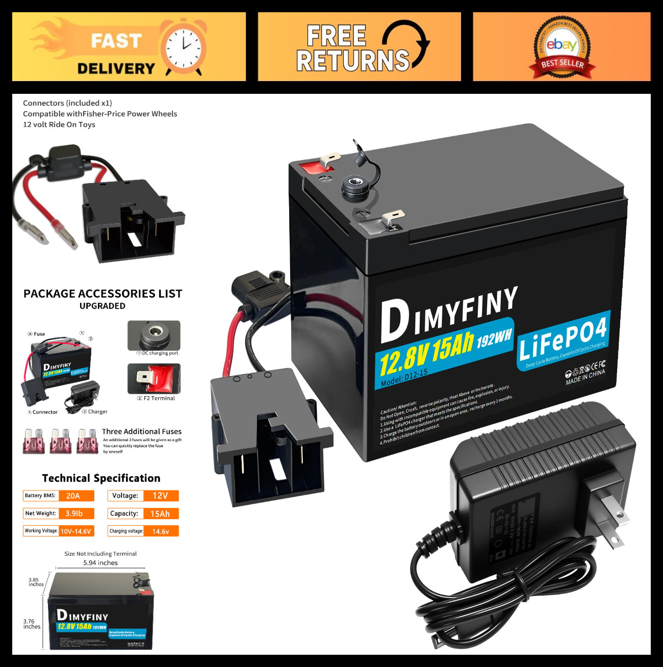 12V Replacement Battery for Power Wheels Ride-On Toy Cars | 12Ah Fast Charger, 2