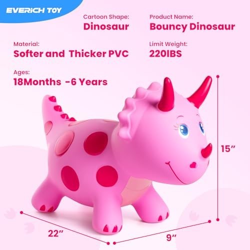 Pink Triceratops Bouncy Hopper Toy – Ride-On Inflatable for Kids 2-5, Indoor/Out