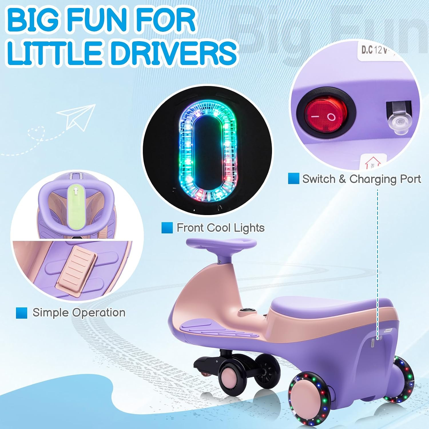 12V Electric Wiggle Car Ride on Toy with Pedal, 2 in 1 Rechargeable Battery Swin