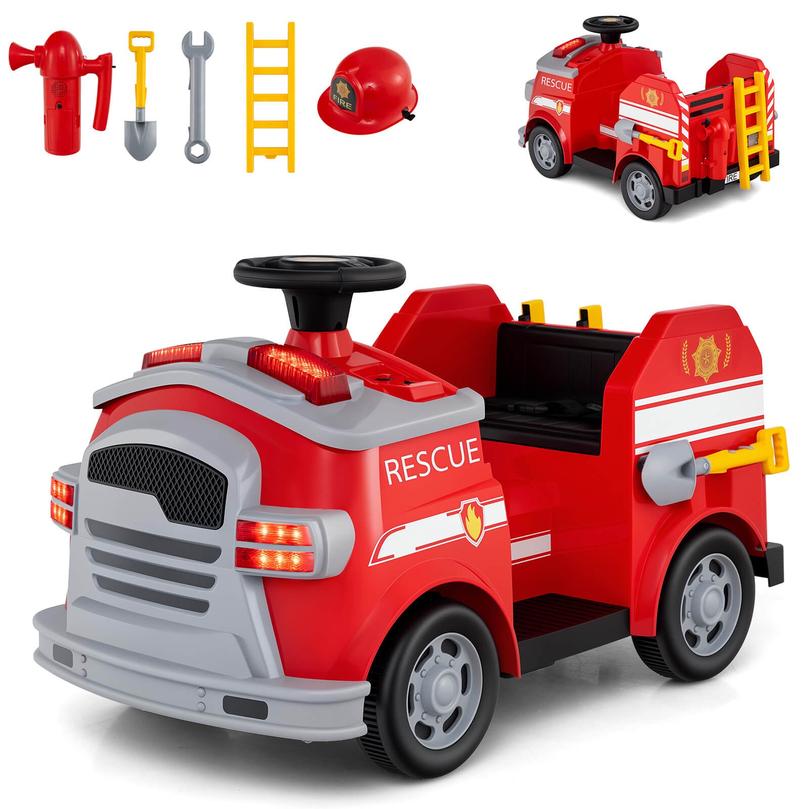 12V Kids Ride on Fire Truck Toddler Fire Toy Car w/ Shovel & Wrench Red