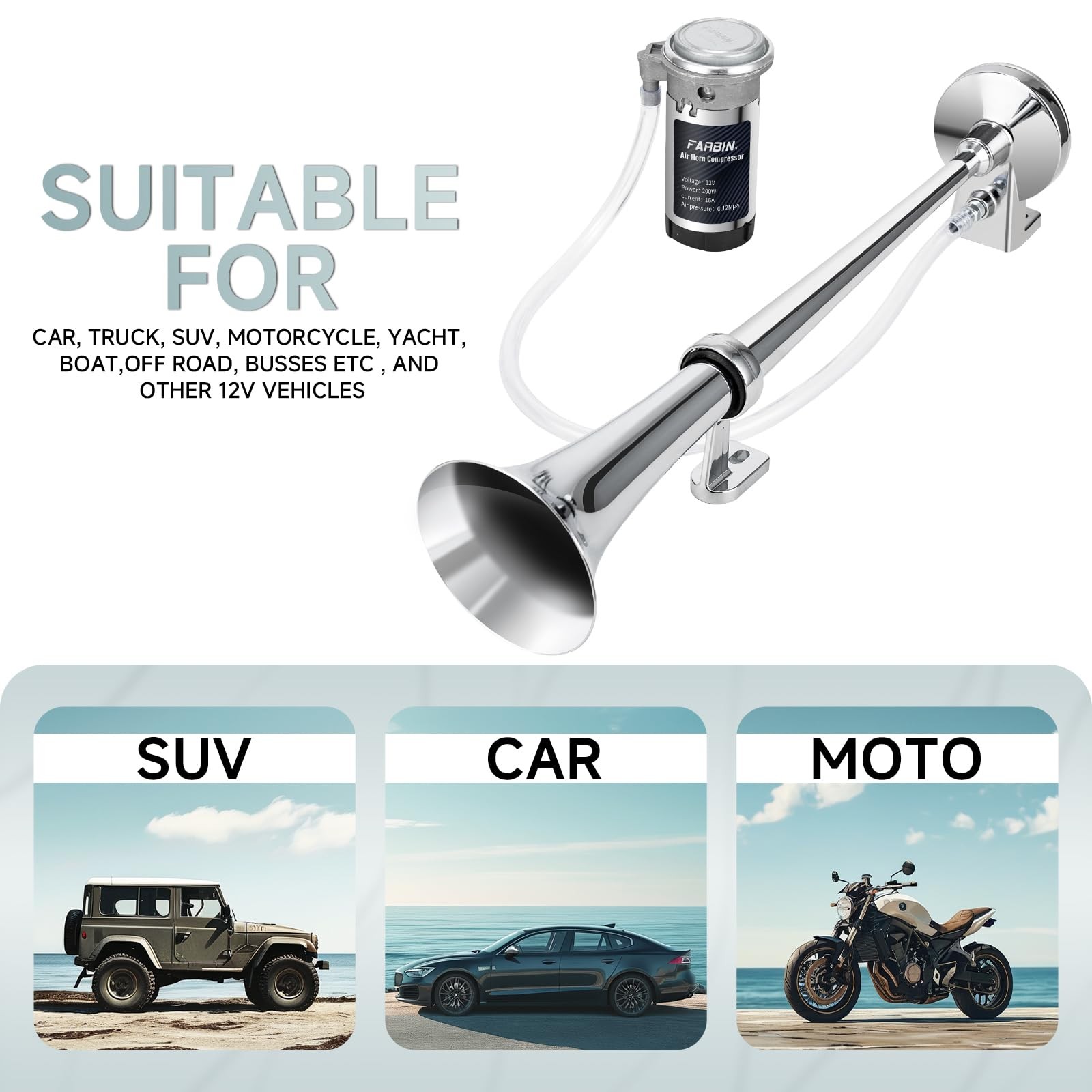 12V Air Horn Kit – 150db Chrome Zinc Horn for Trucks & Vehicles with Switch