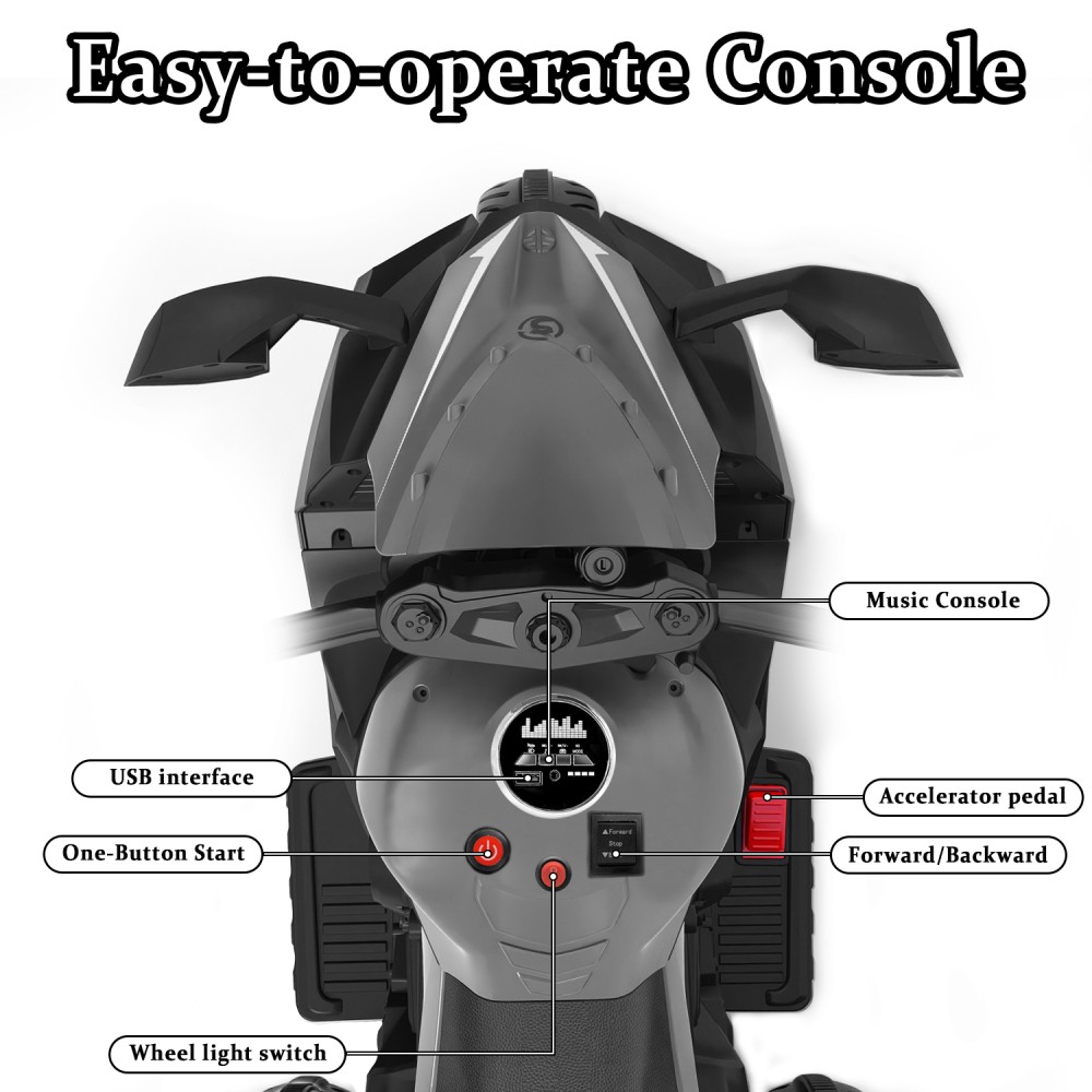 12V Gray Kids Electric Motorcycle, USB MP3 Function, Premium Gift for Kids