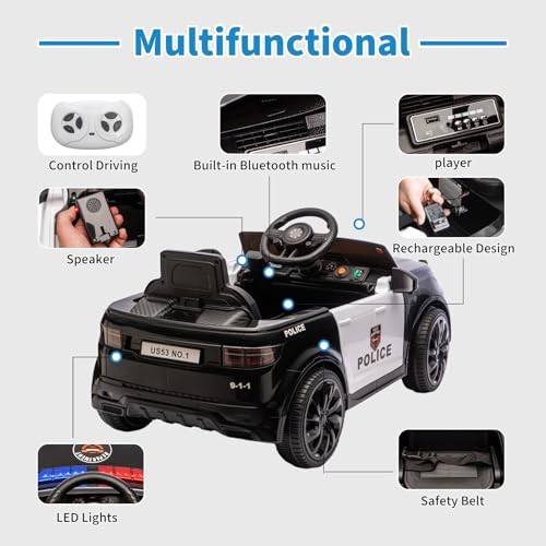 12V 4.5Ah Kids Electric Police Car Ride on with Remote Control, LED Black