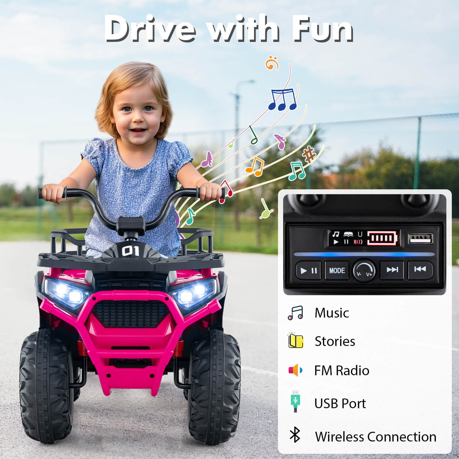 24V Kids Ride on Electric ATV Car Toy w/ Spring Suspension & LED Lights USB