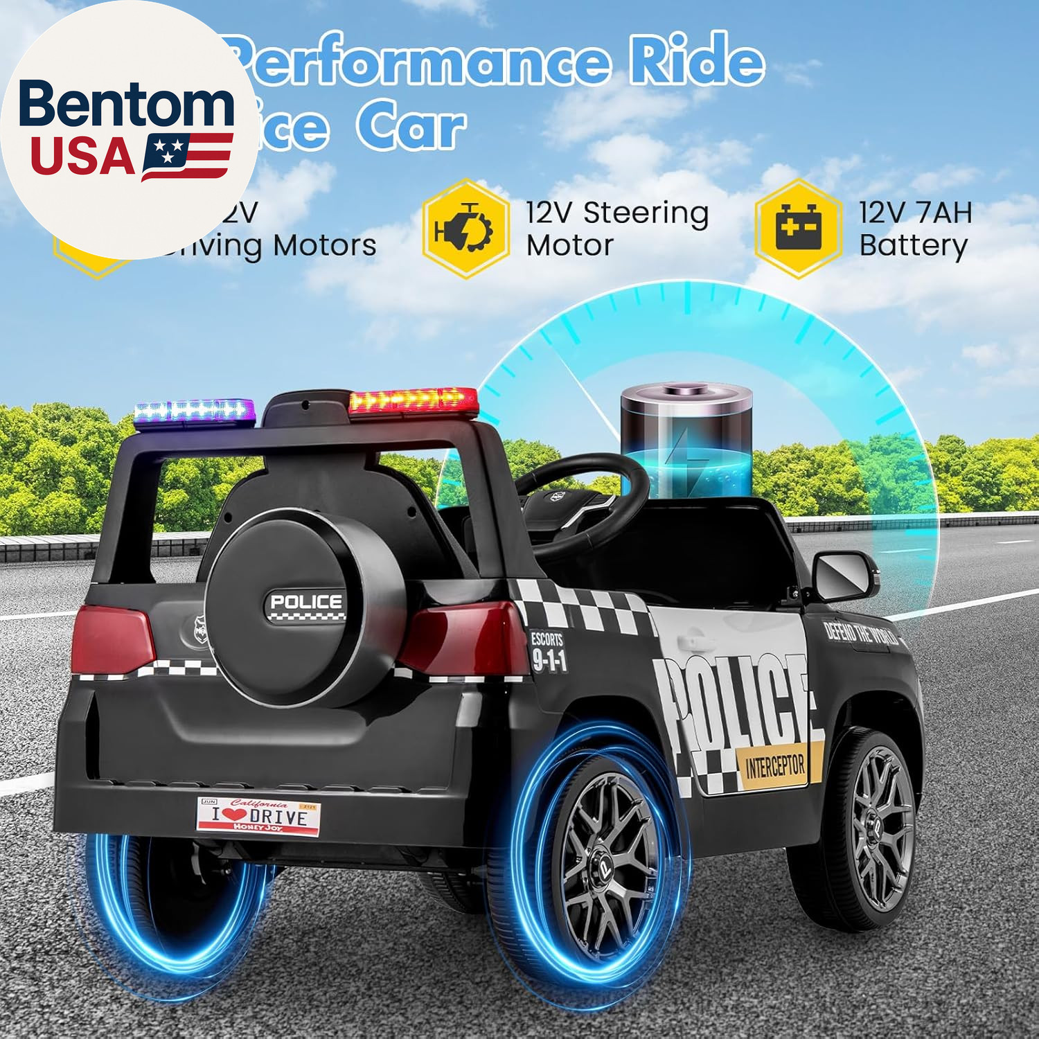 Police Car Ride On, 12V Battery Powered Ride on Car with Remote Control, Siren &