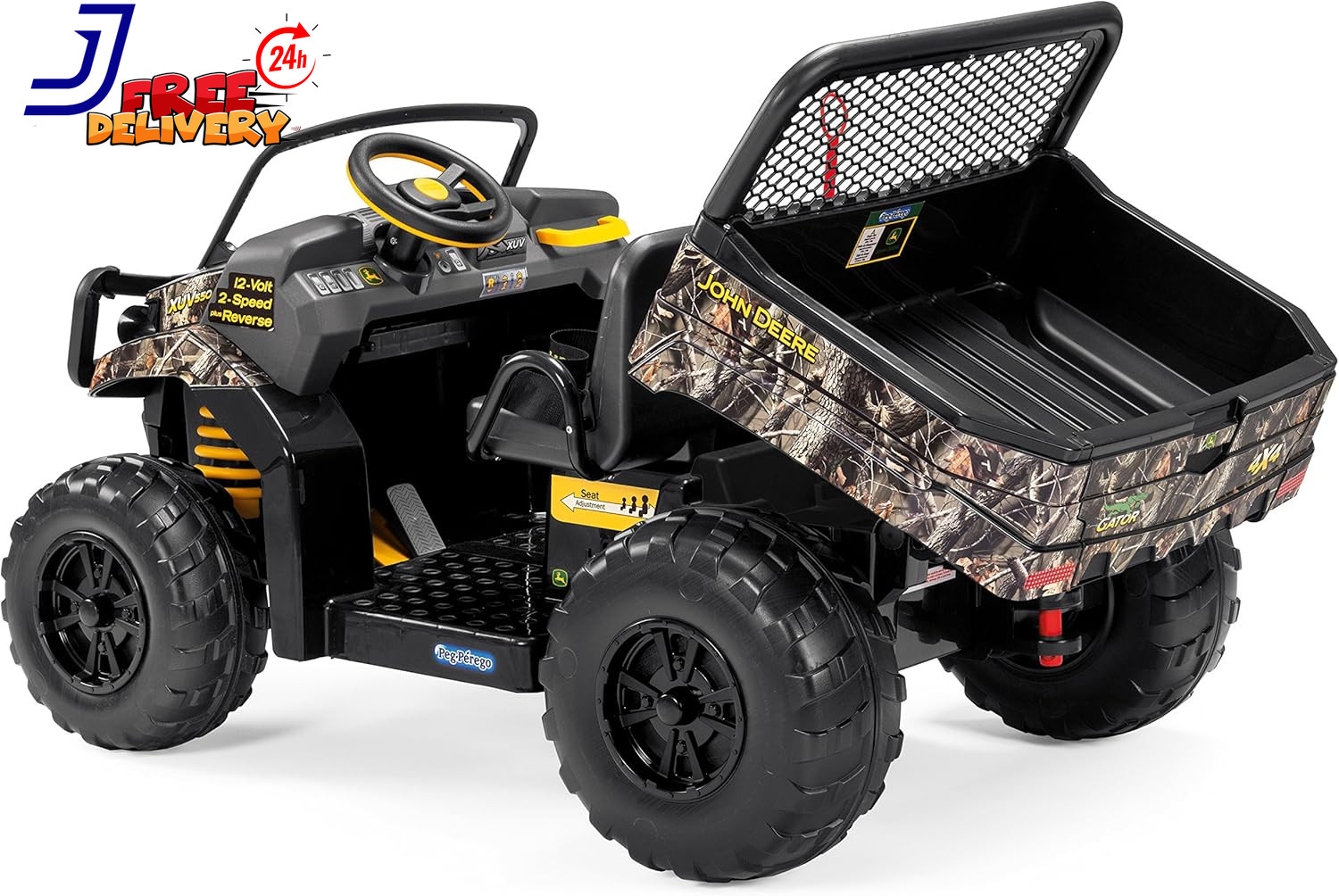 John Deere Camo Kids Ride-On Gator XUV Battery-Powered Dump Bed Tailgate 3-8 Yrs