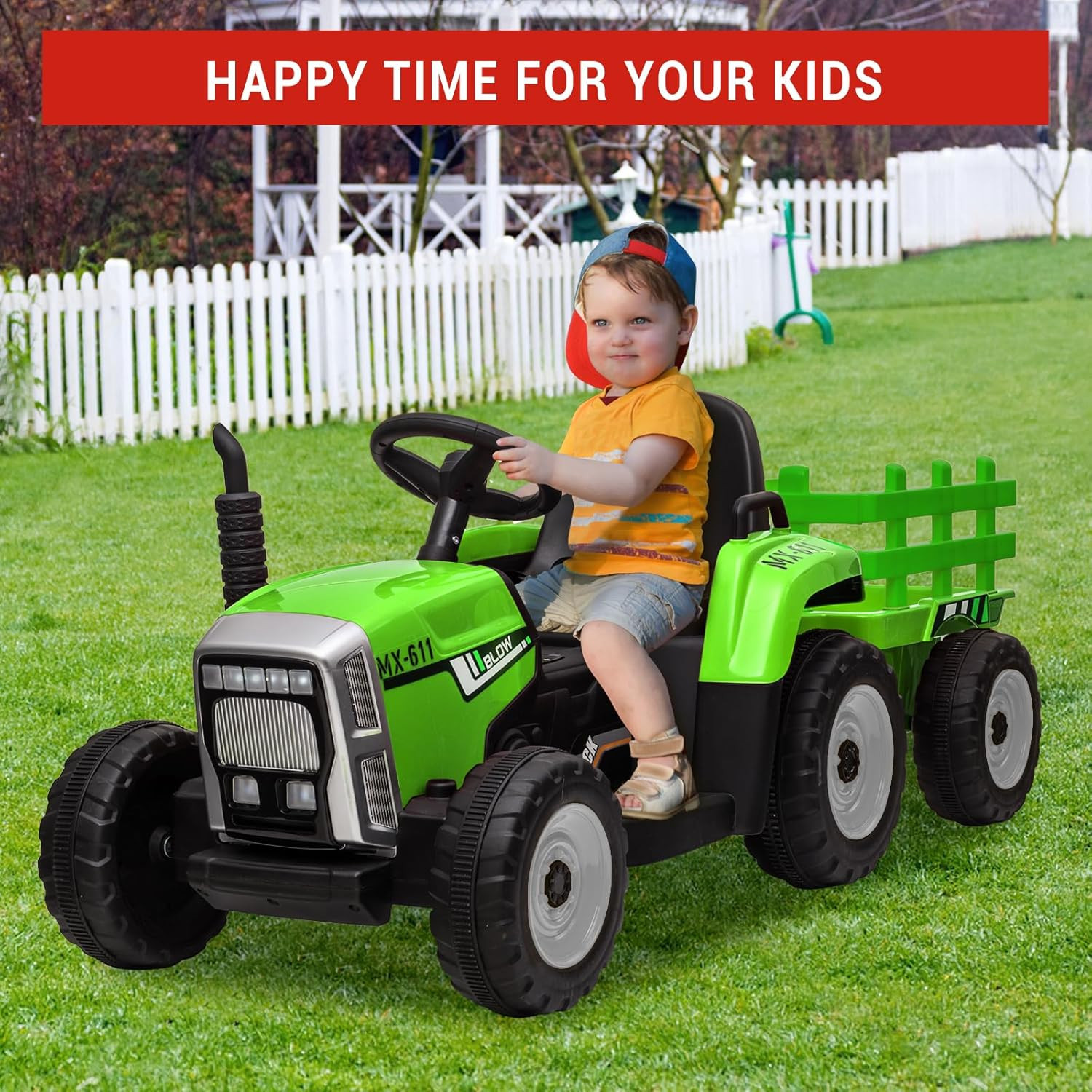 12V Kids Ride on Tractor with Trailer & Remote Control, Electric Tractor for Tod