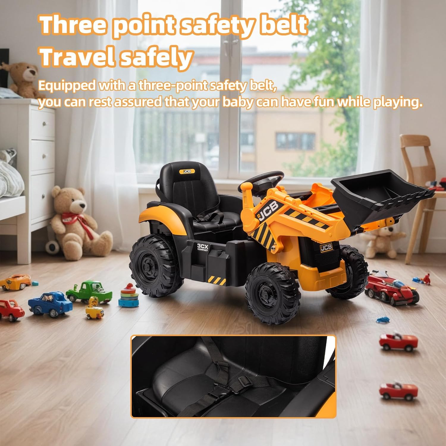 24V JCB Ride on Excavator for Kids, 3-In-1 Ride on Backhoe Digger with Front Loa