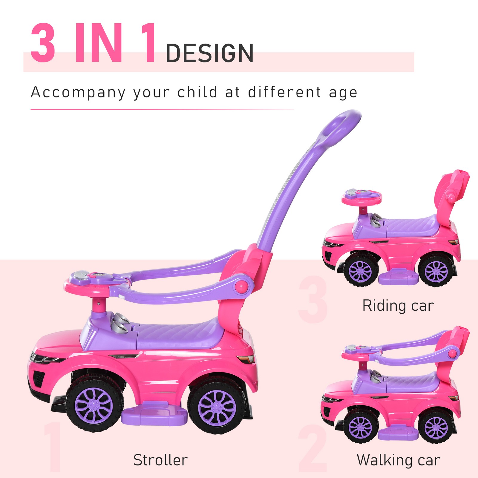 3-in-1 Toddler Push Car with Horn, Music & Lights, Ride On Toy for Ages 1-3