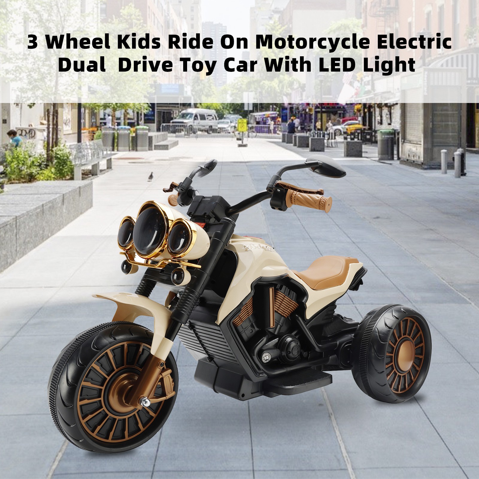 3 Wheel Kid Ride On Motorcycle Electric Dual Drive Toy Car With LED Light Brown
