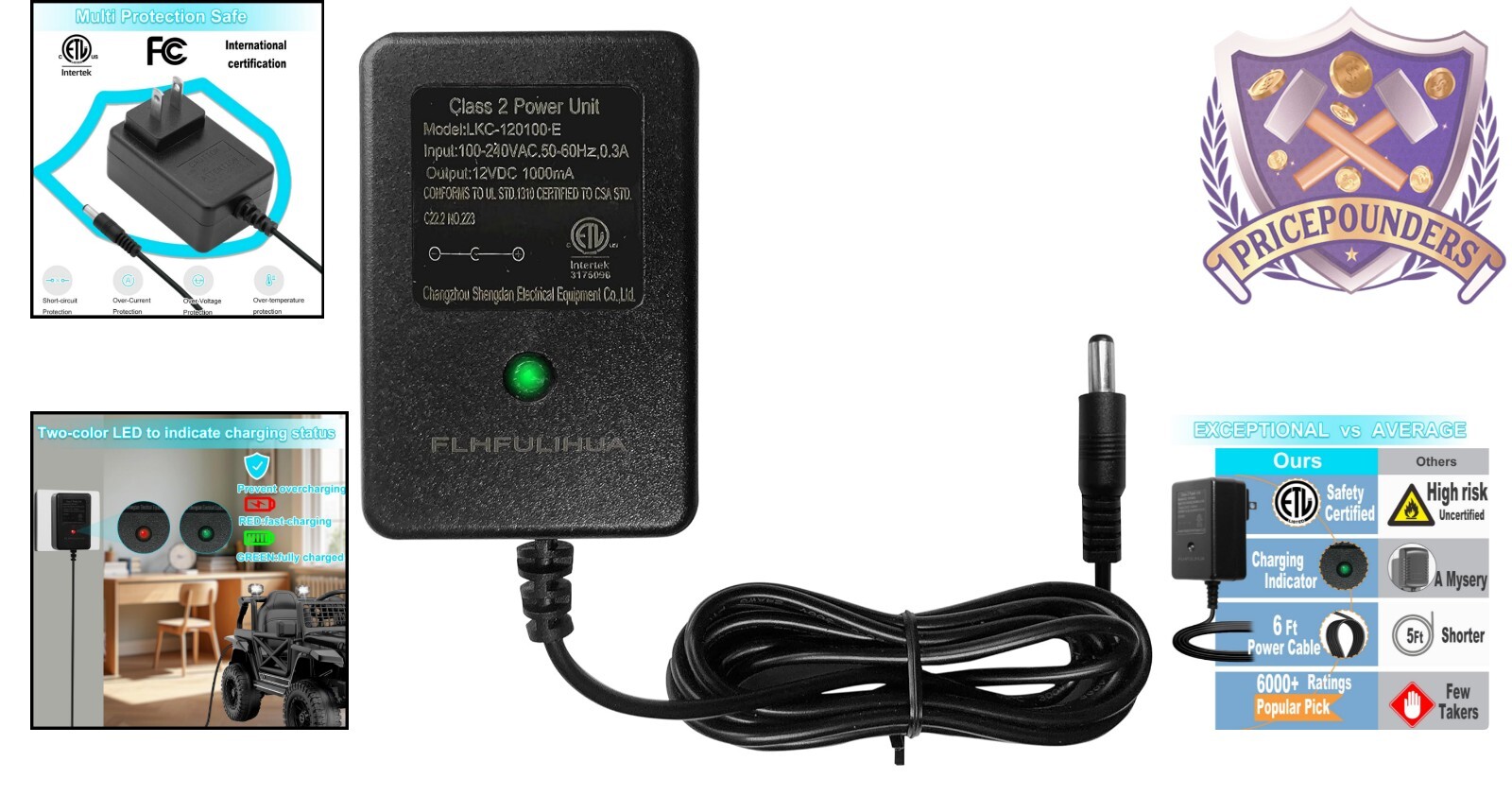Universal 12V Battery Charger for Kids’ Ride-On Toys with LED Indicator Lights