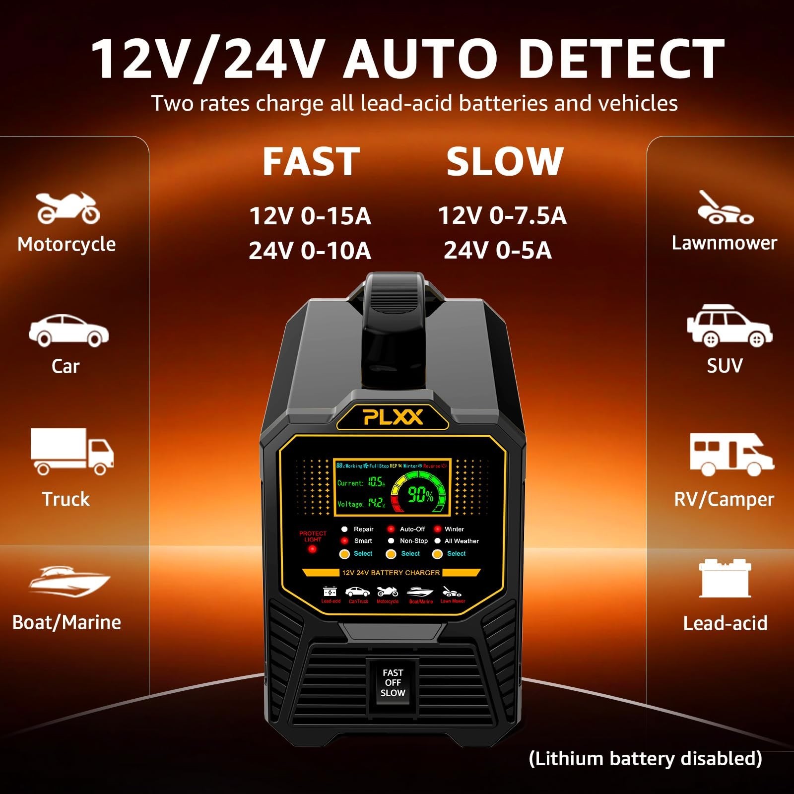 PLXX 12V 24V 0-15A Automatic Car Battery Charger Heavy Duty, Smart Trickle Ch…