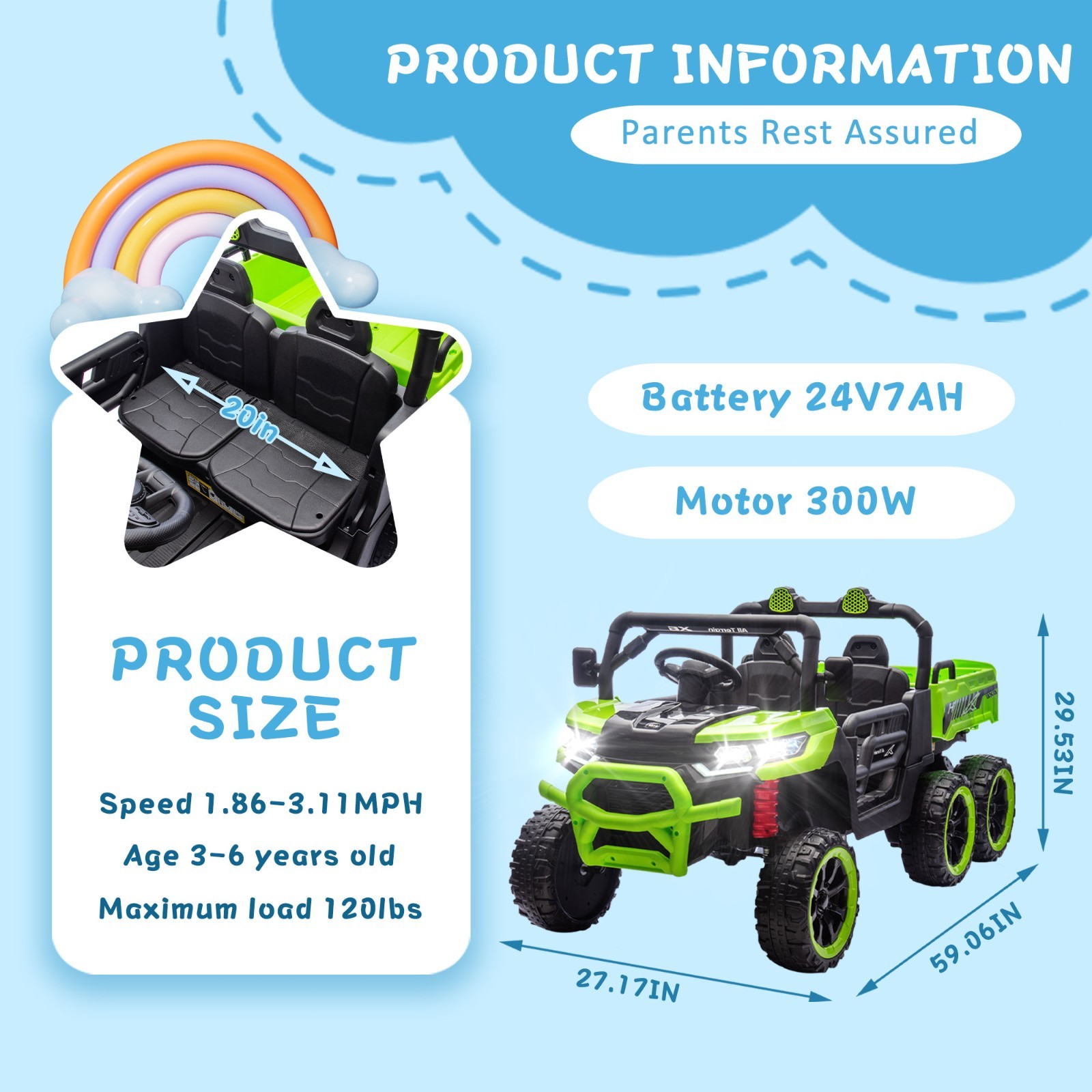 24V Kids Ride on Electric Car UTV w/Remote, LED,Battery Power Wheels Truck,Green