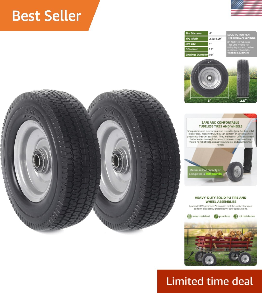8″ Solid Wheel Assemblies – Flat Free Tires for Hand Trucks, 400 lb Capacity