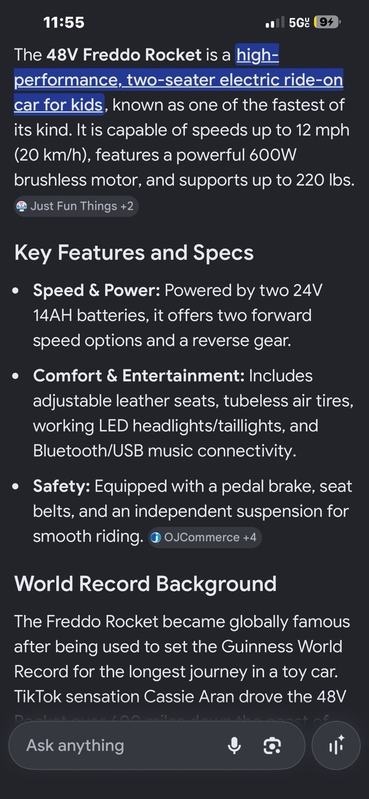 FREDDO rare worlds fastest 48 v rideon kids car leather seats Bluetooth stereo
