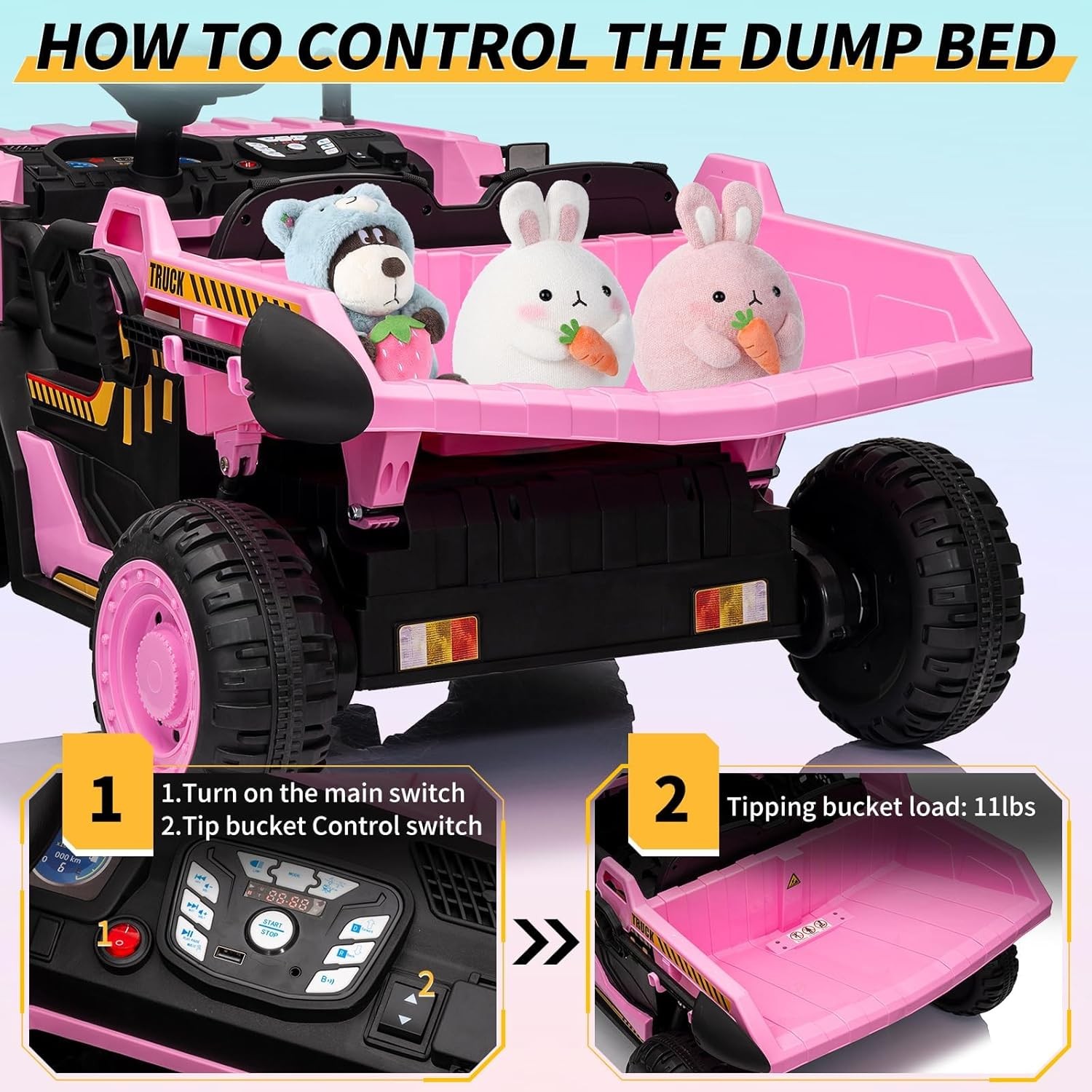 24V Kids Dump Truck, 4.4MPH 4WD + Remote Shock Absorption & LED Lights, 2 Seater