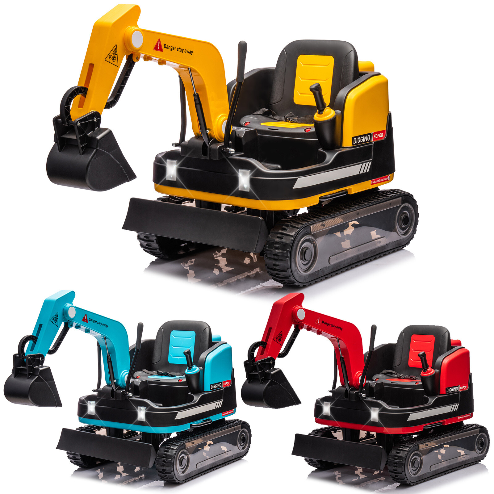 JOYLDIAS Yellow/Red/Blue Electric 360°12V Kids Ride On Excavator Bulldozer w/ RC