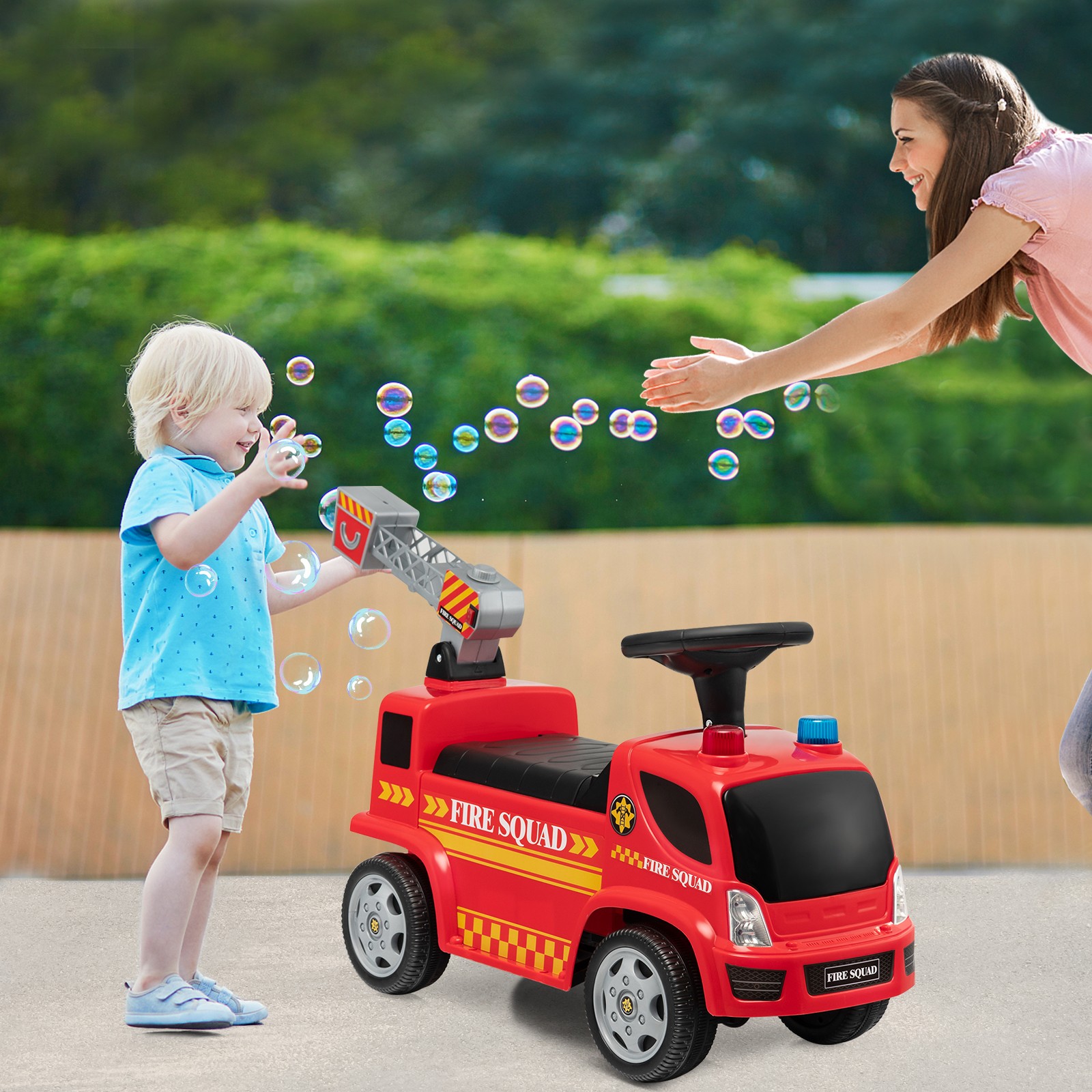 Kids Ride on Fire Truck with Bubble Maker Toddler Sliding Walking Push Car Red