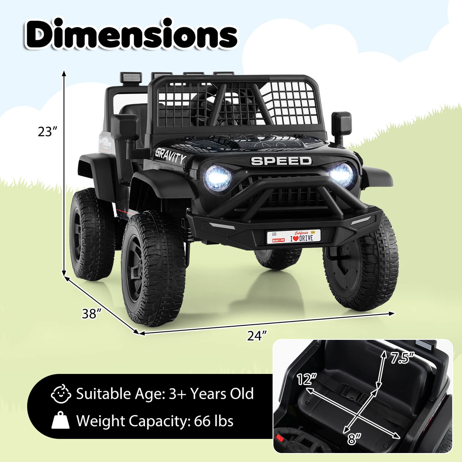24V Ride On Car w/Remote Control Music LED Headlights Spring Suspension for Kids